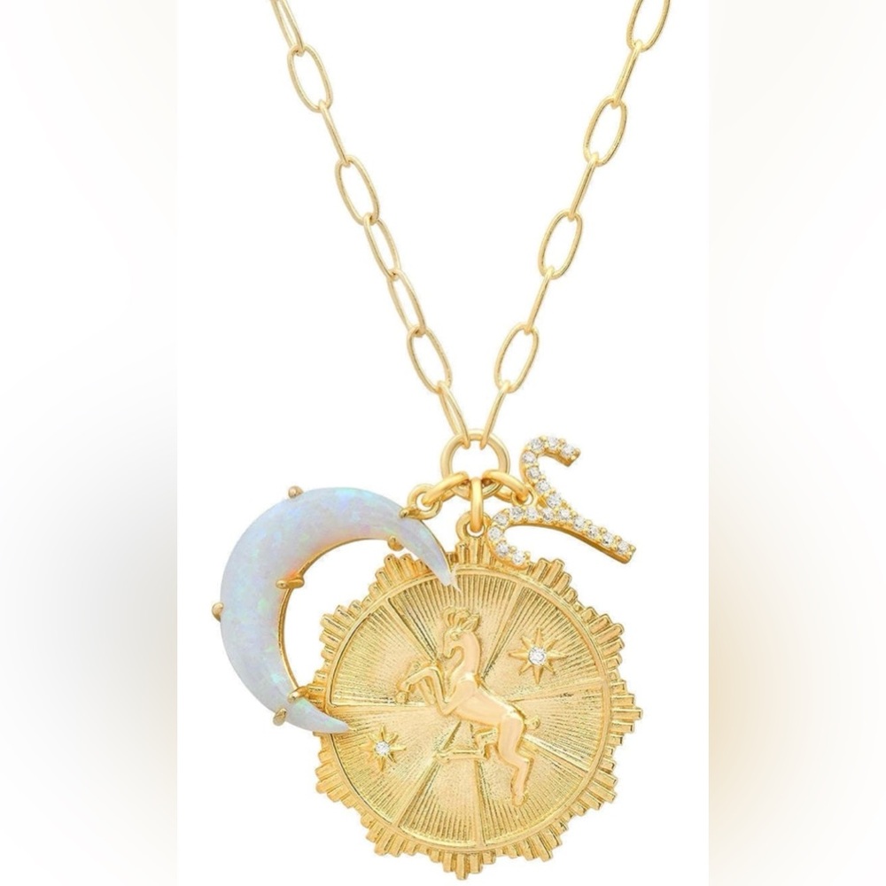 Dainty Gold Zodiac Embossed Coin Opal Crescent Moon Charm Necklace